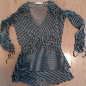 Striped V-Neck Peplum Tunic Top - Blue and Gray